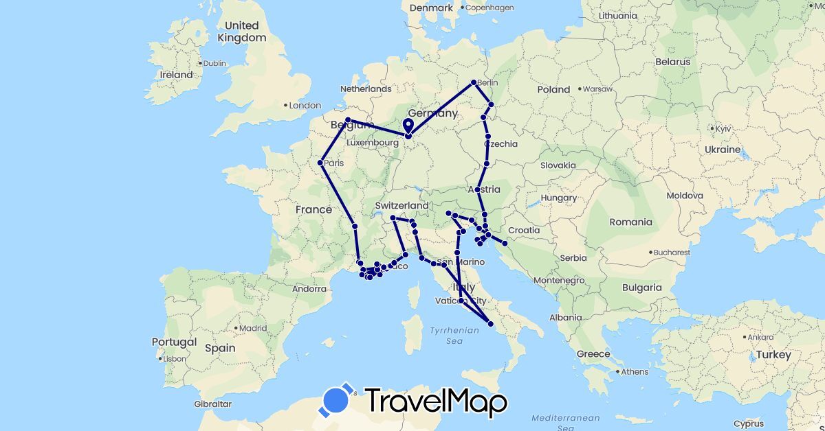 TravelMap itinerary: driving in Austria, Belgium, Switzerland, Czech Republic, Germany, France, Croatia, Italy, Monaco, Slovenia (Europe)